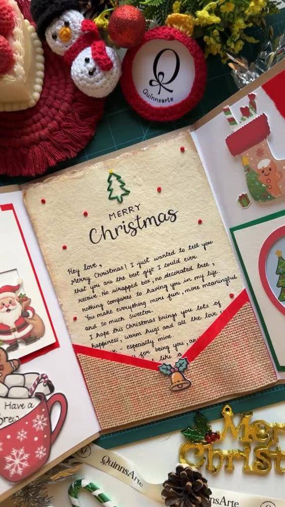 Handmade Crochet Christmas Card with Snowman and Santa Embellishments