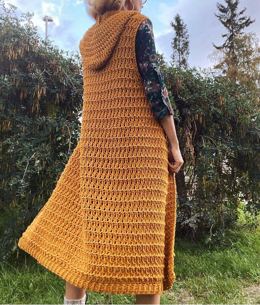 Hooded Crochet Vest with Openwork Stitch