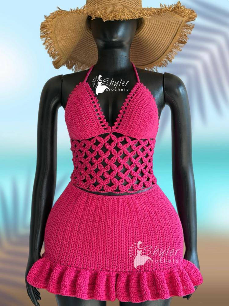 Hot Pink Crochet Halter Top and Ruffled Skirt Set
