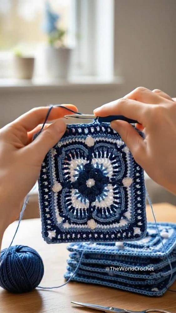 Intricate Blue and White Crochet Square Project