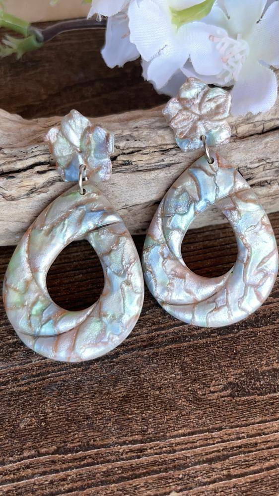 Iridescent Polymer Clay Teardrop Earrings with Floral Toppers