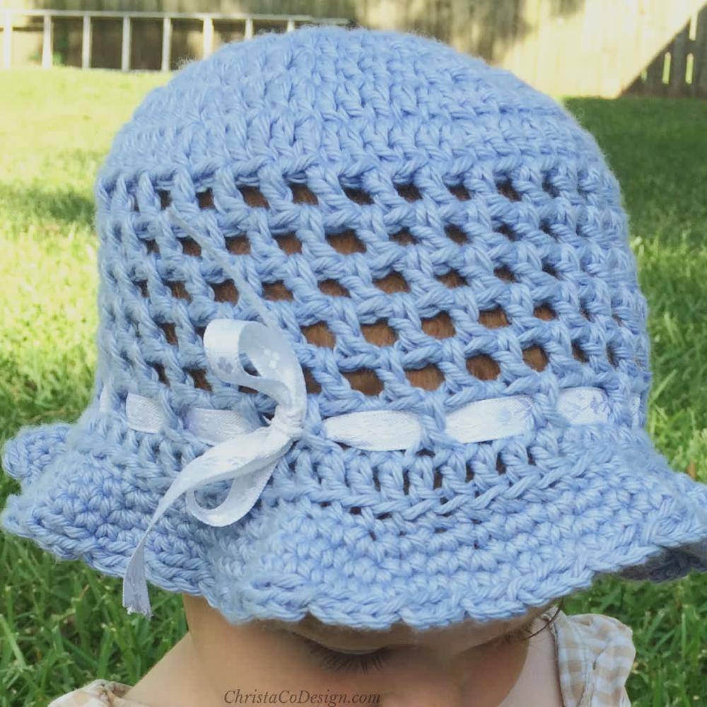 Light Blue Crochet Baby Sun Hat with Ribbon