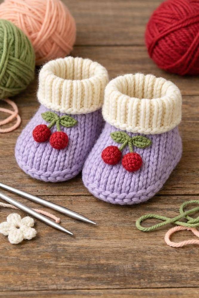 Lilac Knitted Baby Booties with Cherry Appliqué