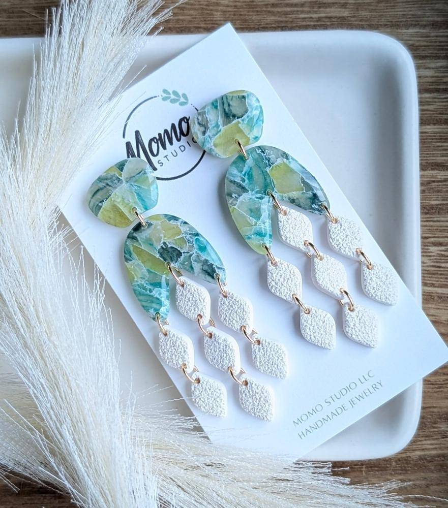 Marbled Teal and White Dangle Polymer Clay Earrings