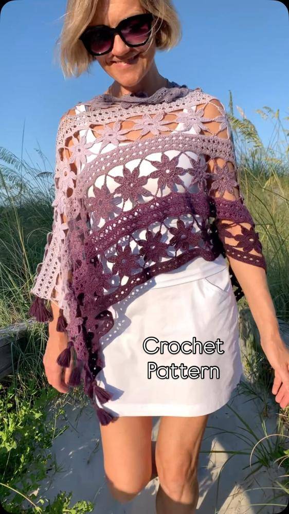 Ombre Floral Lace Crochet Poncho