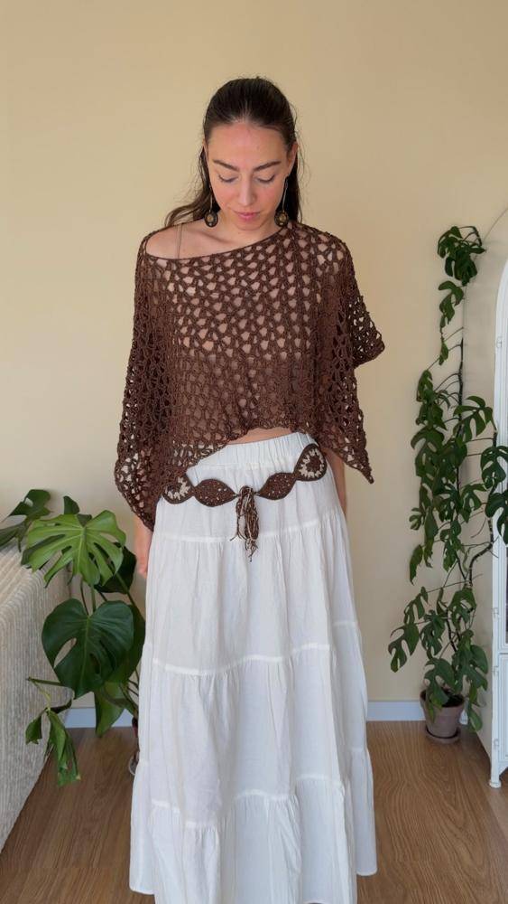 Open Weave Crochet Poncho with Decorative Belt