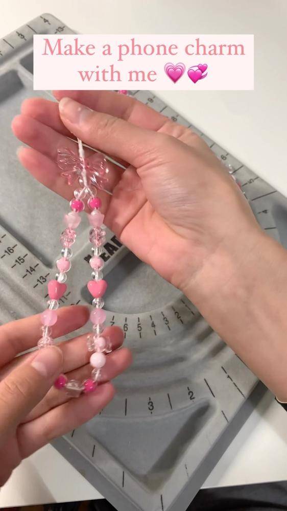 Pink Beaded Phone Charm with Butterfly Accent
