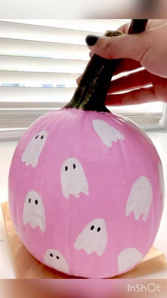 Pink Painted Pumpkin with Ghost Designs