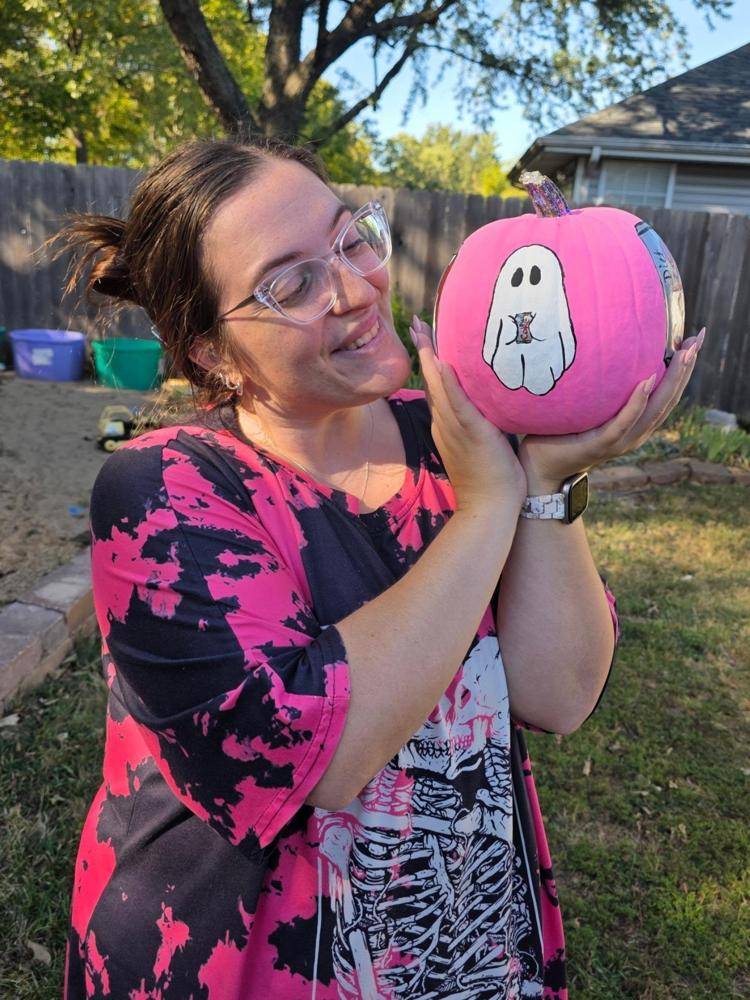 Playful Pink Ghost Painted Pumpkin Decor