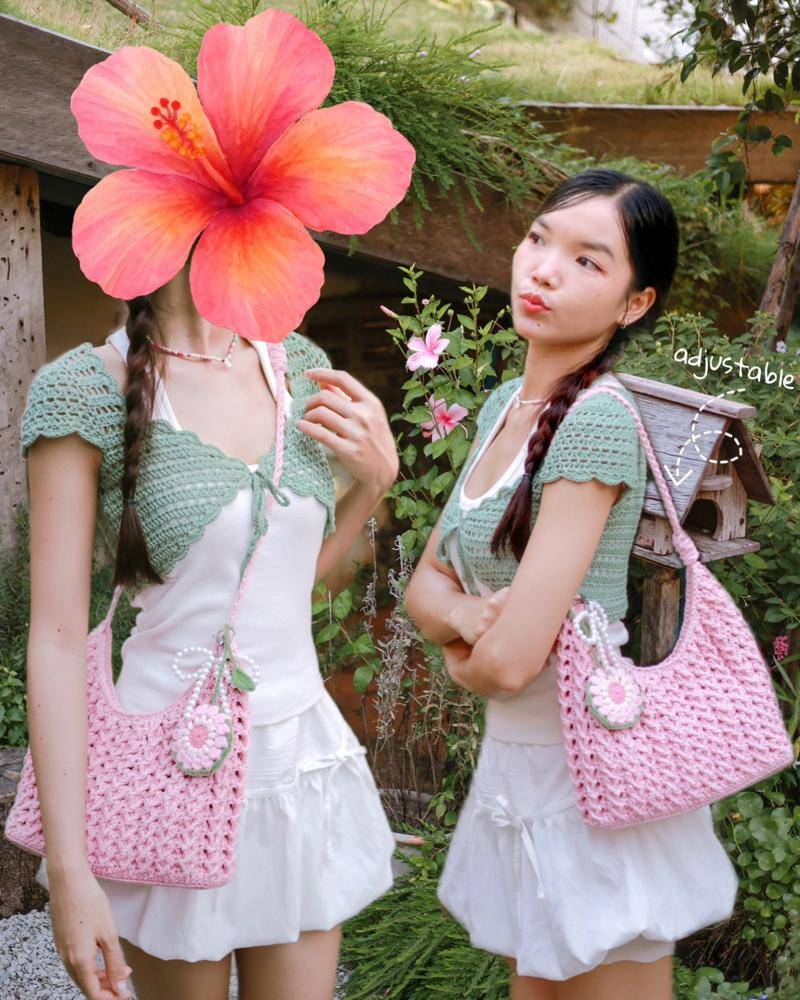 Pretty Pink Crochet Shoulder Bag with Flower Charm