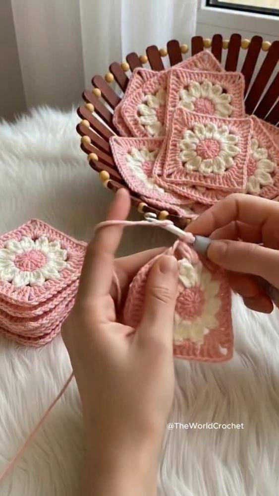 Pretty Pink and Cream Flower Granny Square Crochet Motif