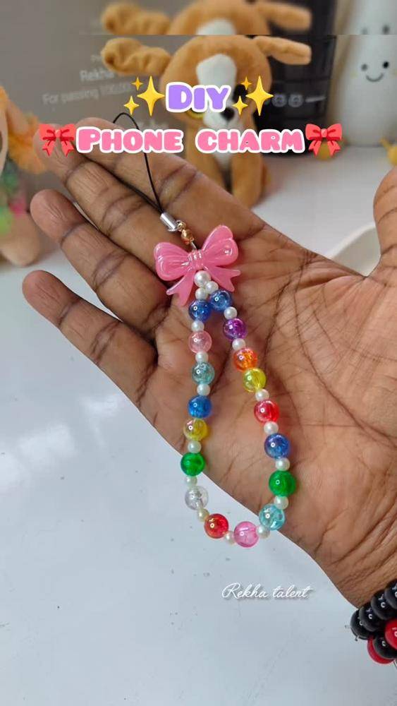 Rainbow Beaded Phone Charm with Pink Bow