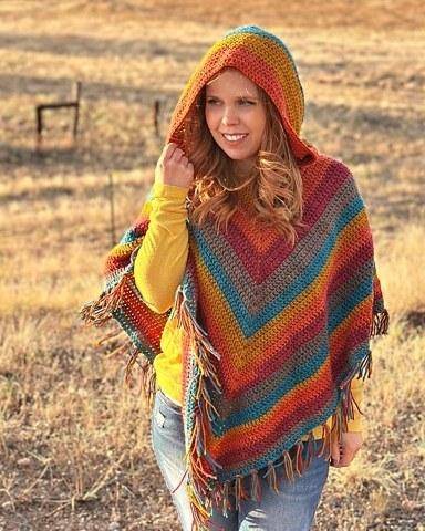 Rainbow Striped Hooded Crochet Poncho with Fringe