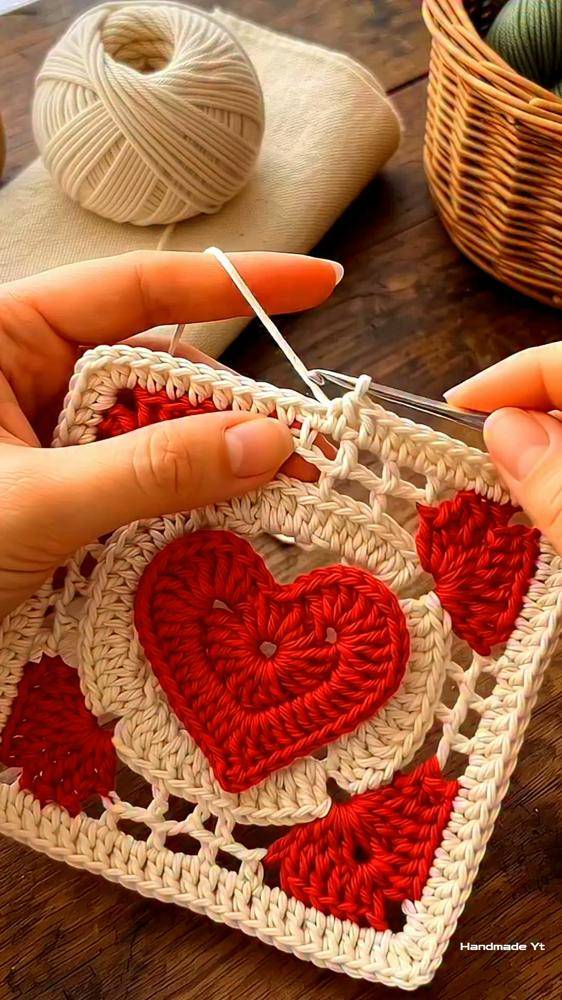Red Heart Motif Crochet Granny Square
