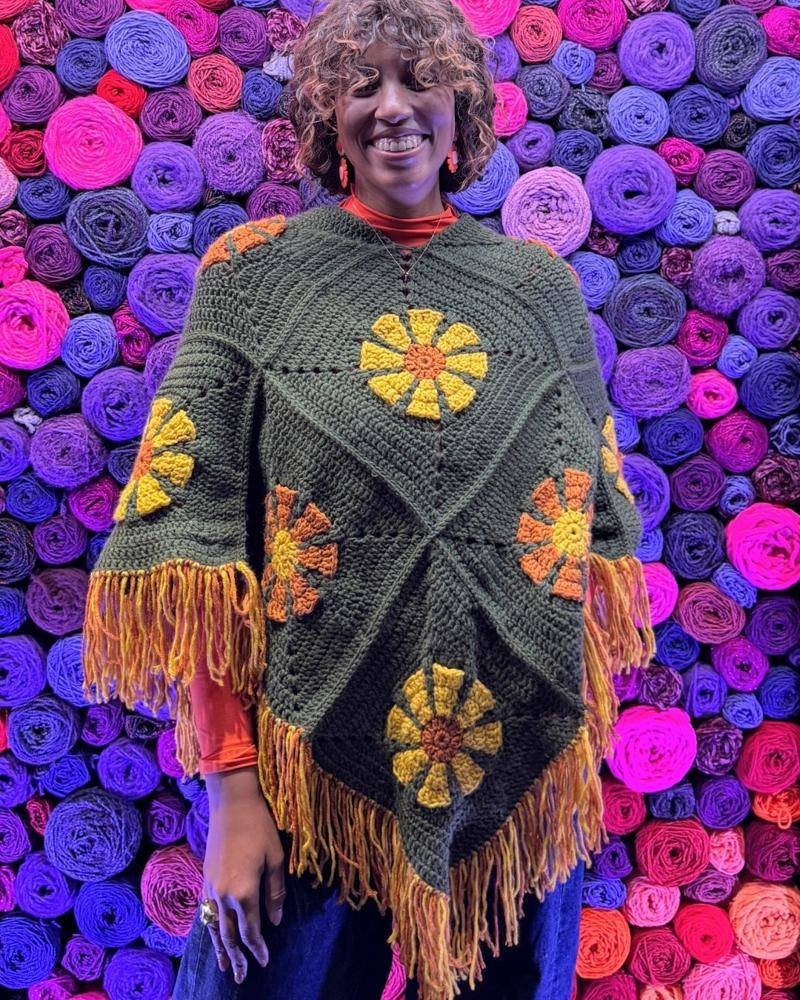 Retro Granny Square Crochet Poncho with Fringe