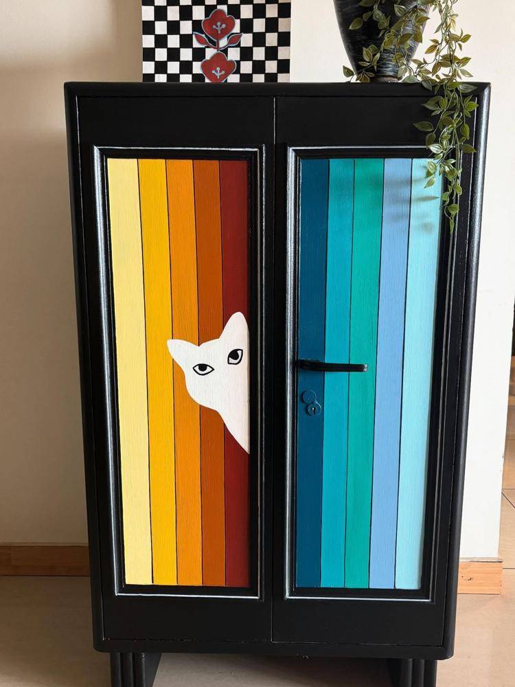 Retro Rainbow and Peek-a-Boo Cat Cabinet Makeover