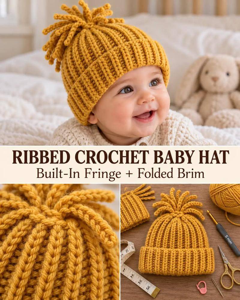 Ribbed Crochet Baby Hat with Built-In Fringe