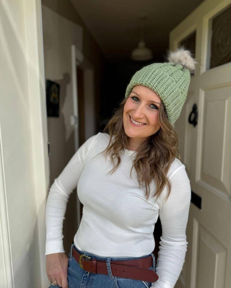Ribbed Green Crochet Beanie with Pom Pom