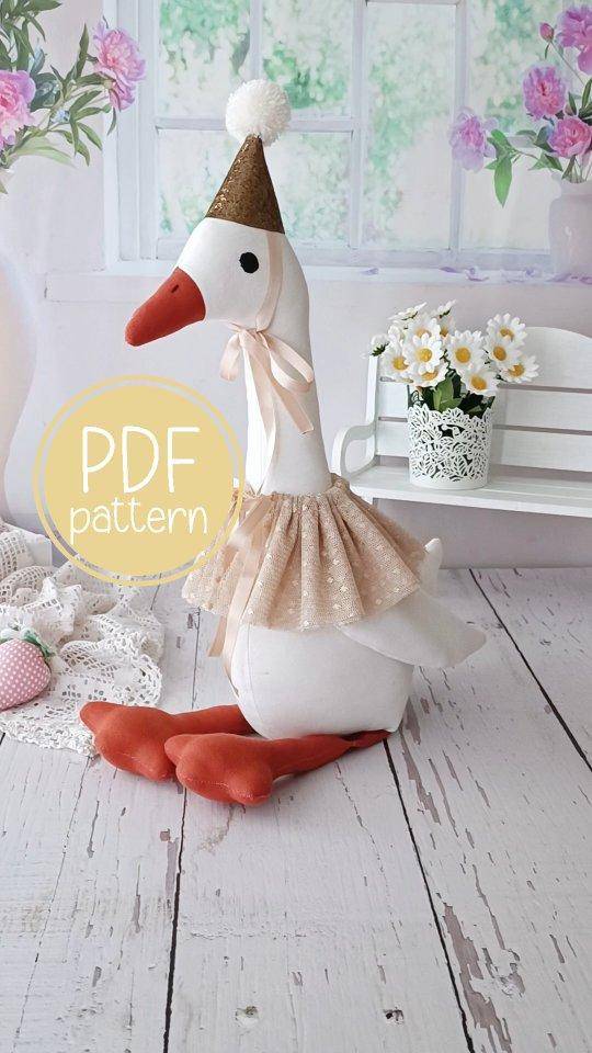 Sewn Stuffed Goose with Party Hat and Frilly Collar