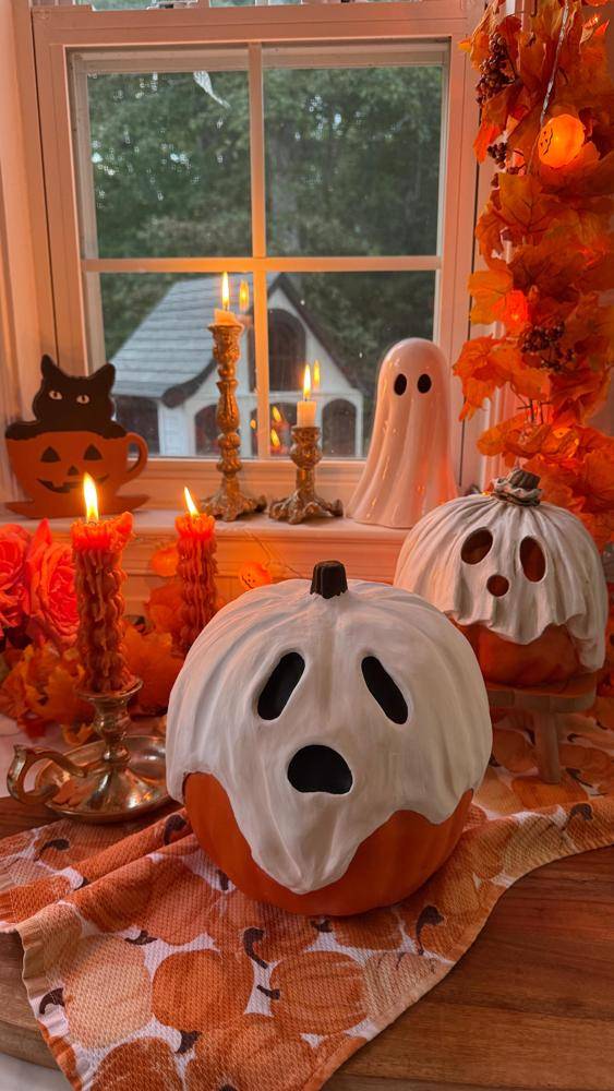 Spooky Ghost and Jack-o'-Lantern Air Dry Clay Pumpkins