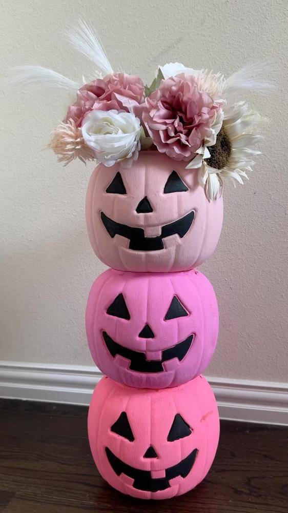 Stacked Pink Painted Pumpkins with Floral Topper