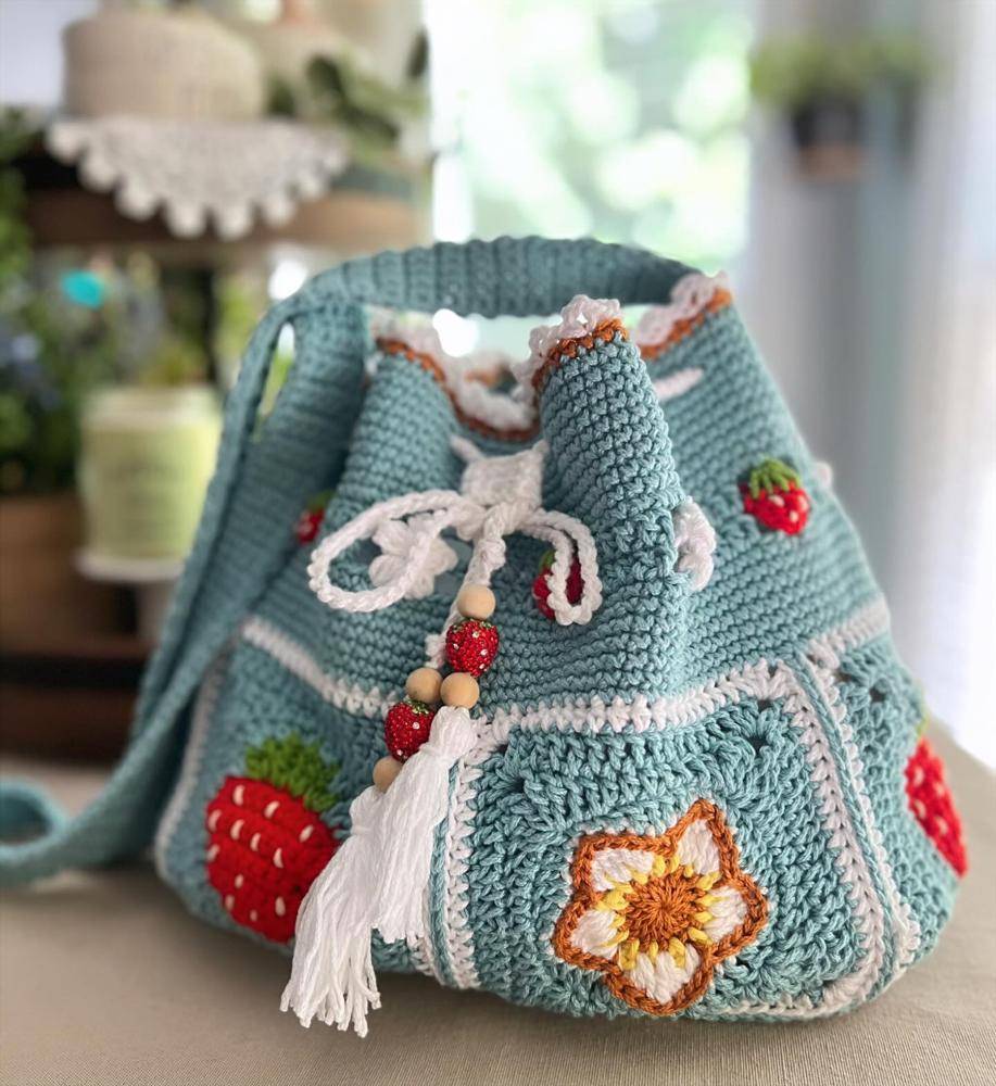Strawberry Patch Crochet Drawstring Bag