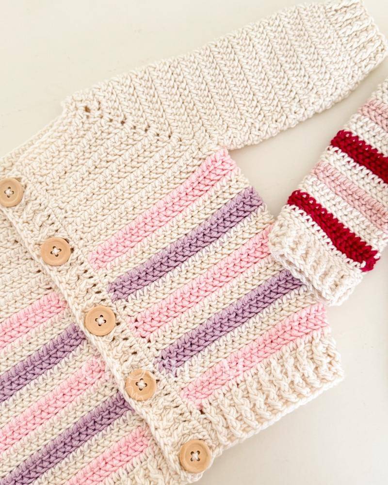 Striped Crochet Baby Cardigan with Wooden Buttons