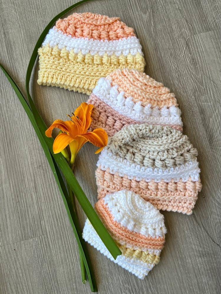Striped Crochet Baby Hats with Bobble Stitch Detail