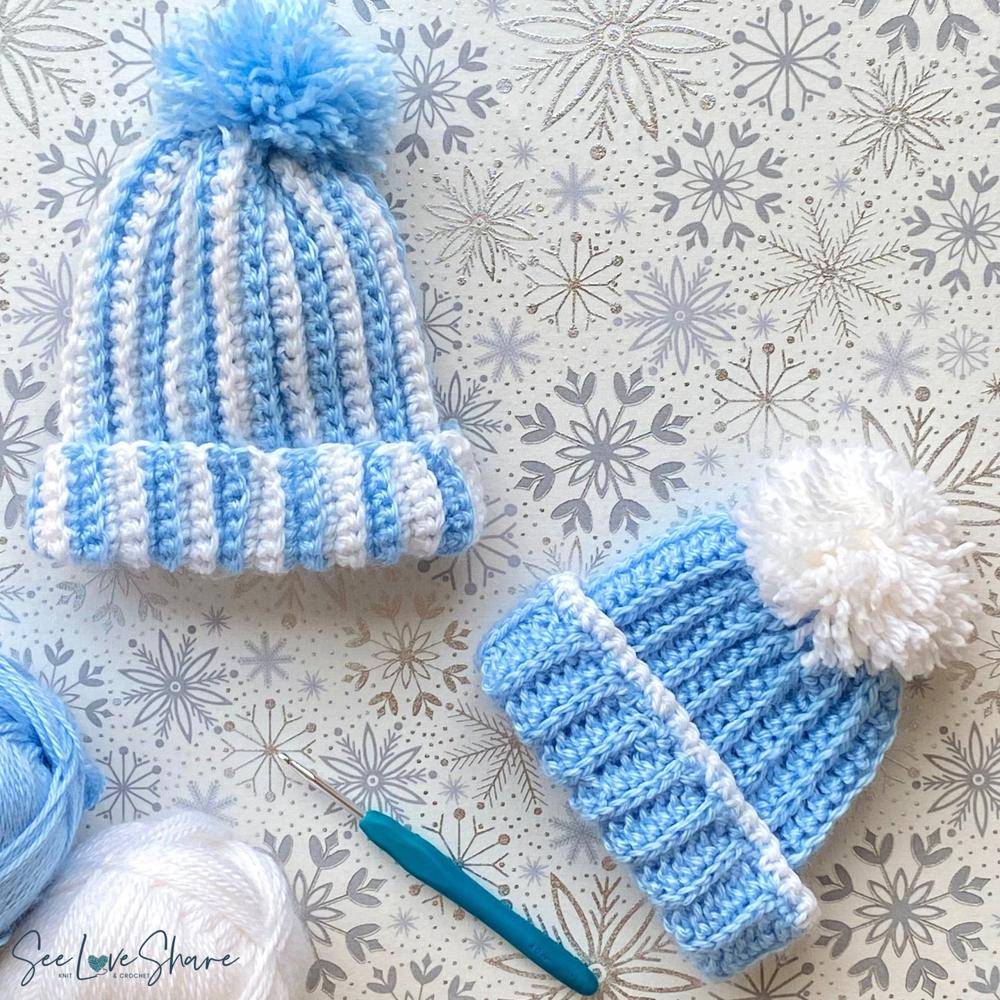 Striped Crochet Baby Hats with Pom-Poms