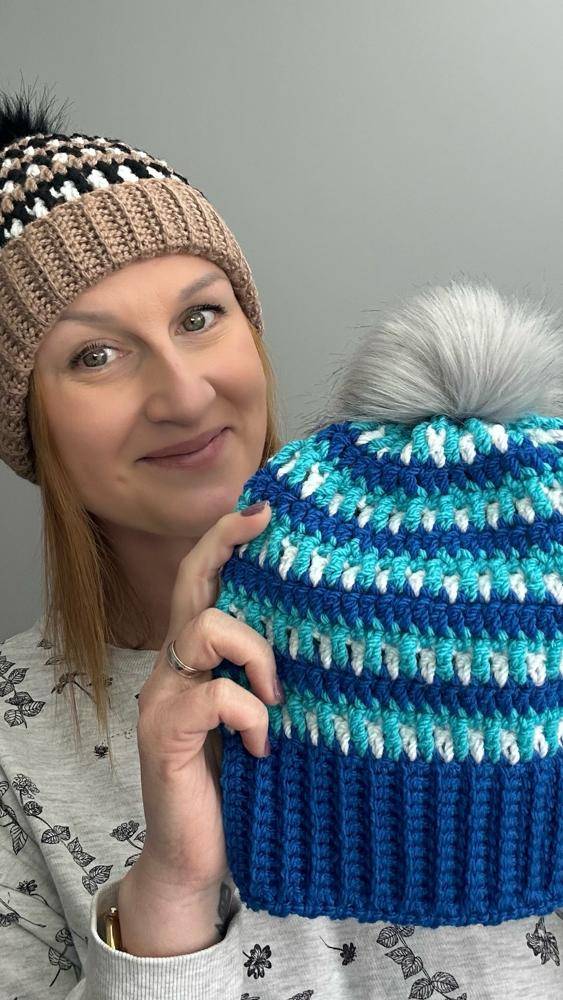 Striped Crochet Beanie with Pom-Pom