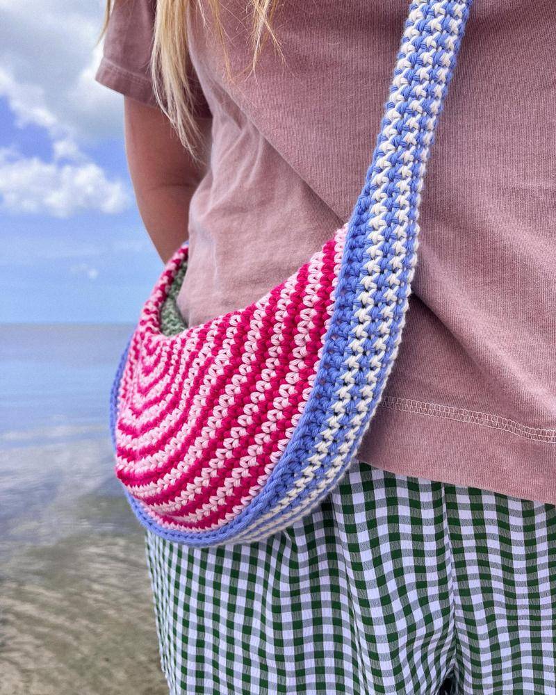 Striped Crochet Crescent Crossbody Bag