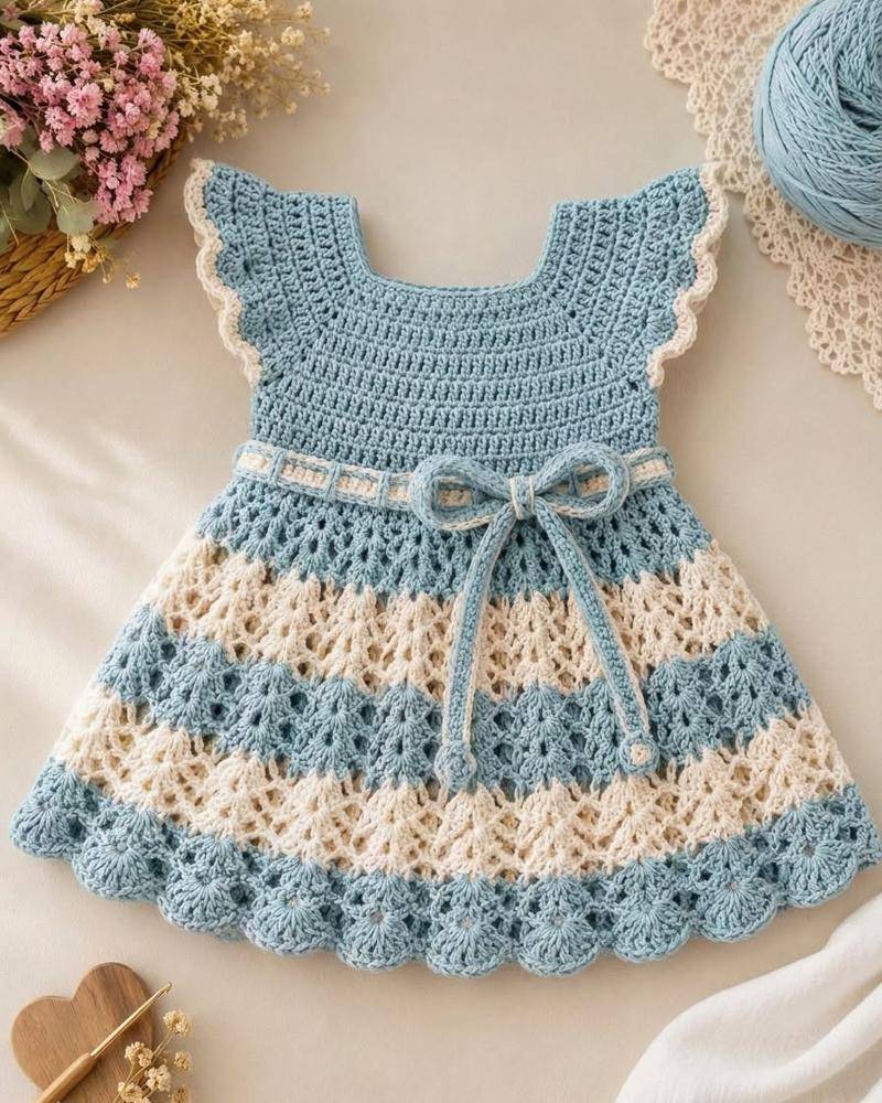 Striped Crocheted Baby Dress with Scalloped Edges