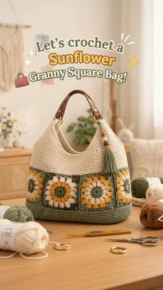 Sunflower Granny Square Crochet Bag
