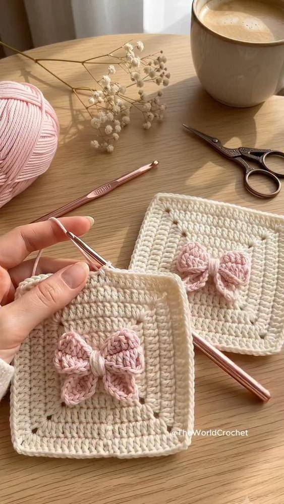 Sweet Bow Detail Crochet Granny Square