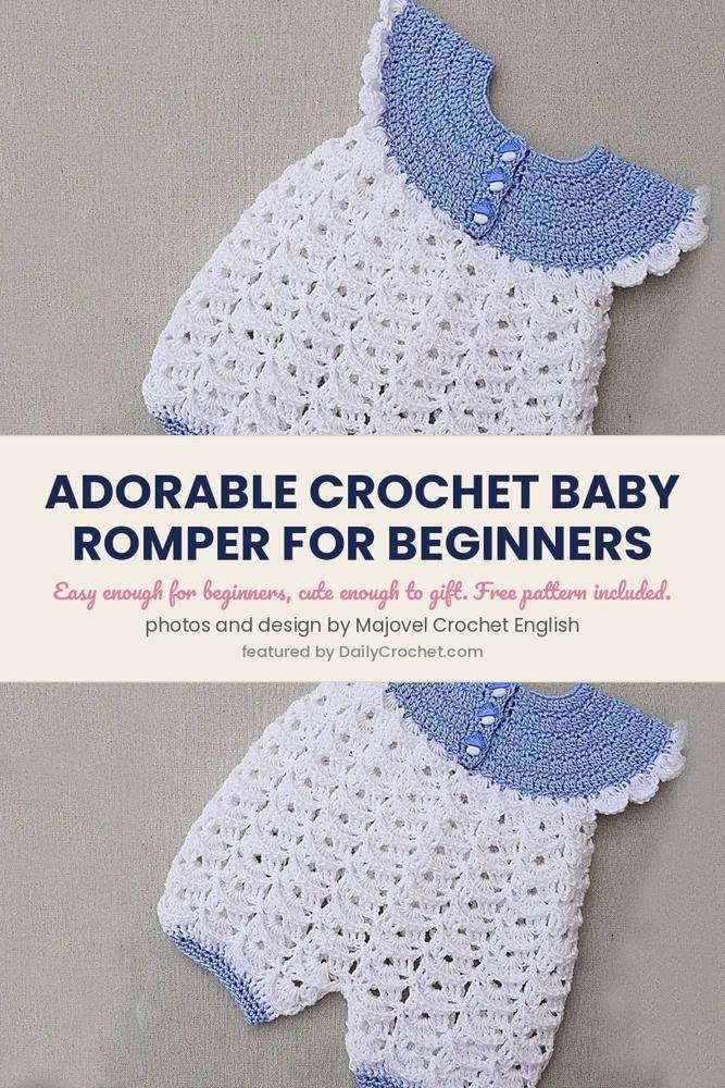 Sweet Crochet Baby Romper with Blue Collar