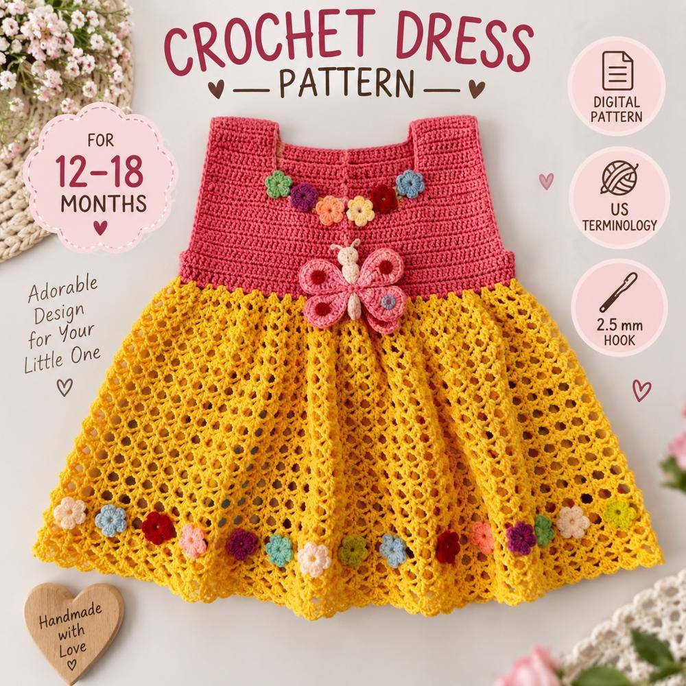 Sweet Crochet Dress with Butterfly and Flower Appliqués