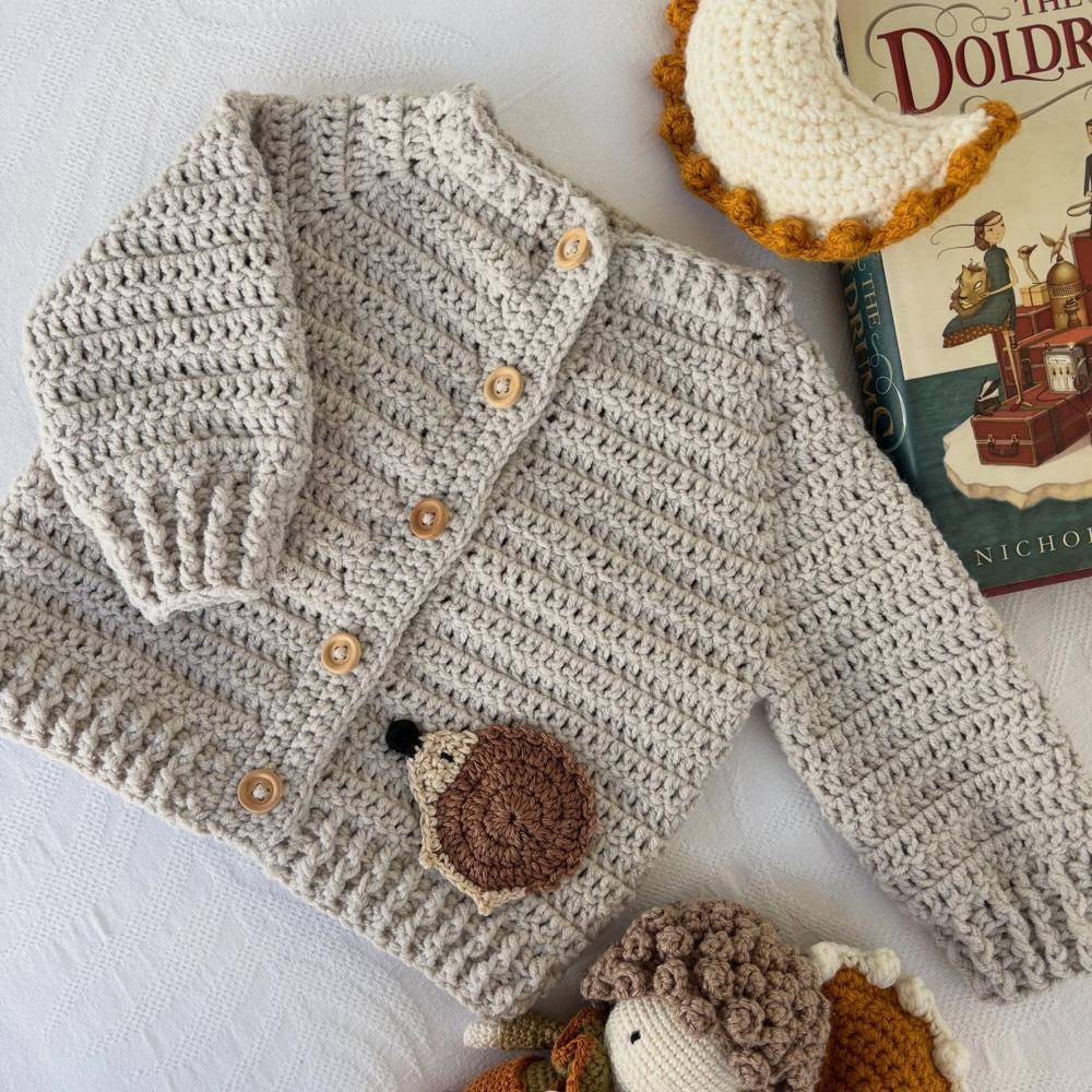Sweet Hedgehog Appliqué Crochet Baby Cardigan