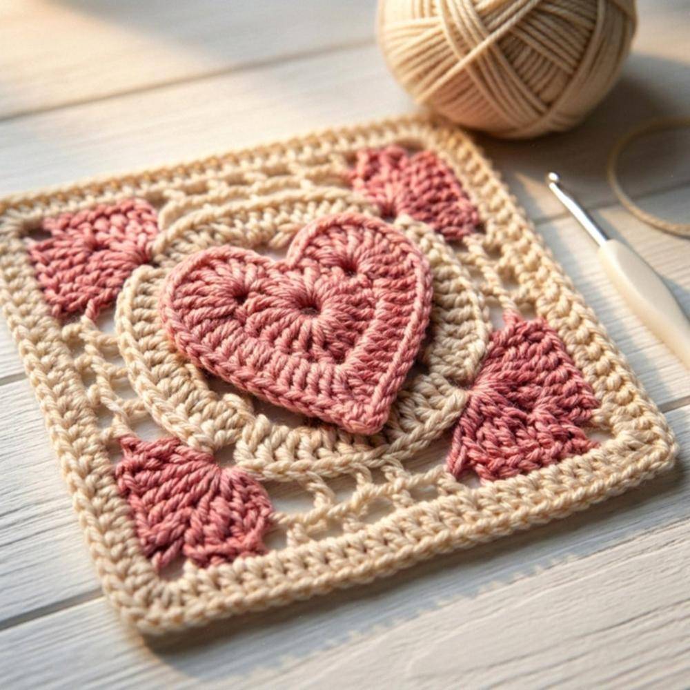 Sweet Pink and Cream Heart Granny Square Crochet Motif