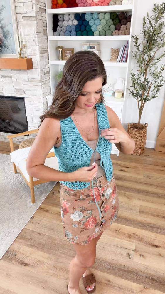 Teal Crocheted Open Front Vest