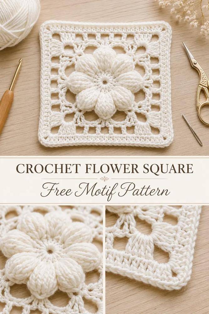 Textured Crochet Flower Granny Square Motif