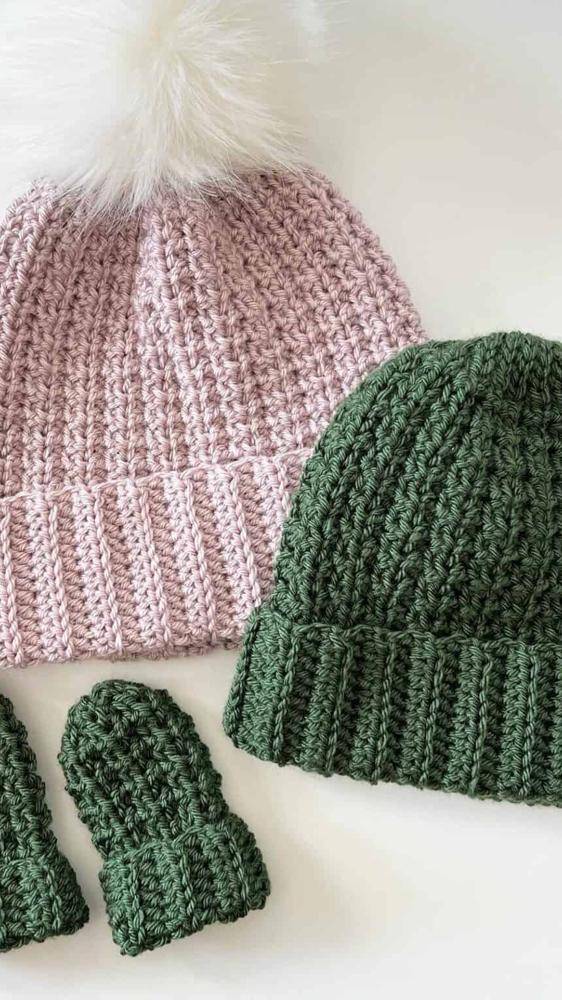 Textured Ribbed Crochet Hats and Mittens