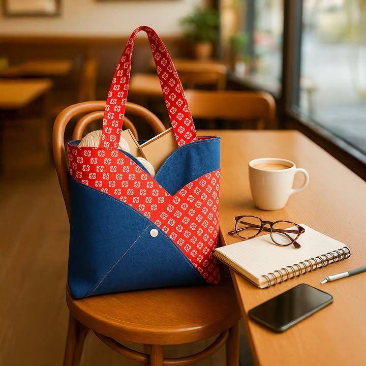 Two-Tone Patchwork Fabric Tote Bag