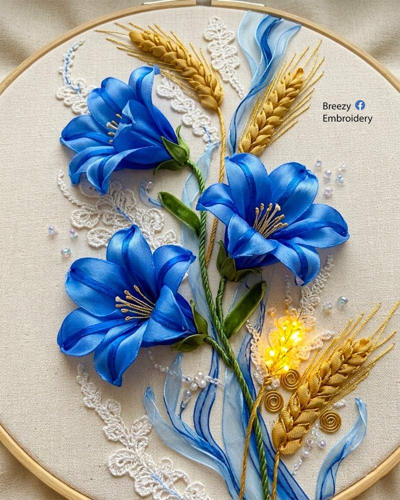 Vibrant Bluebell and Wheat Ribbon Embroidery Hoop Art