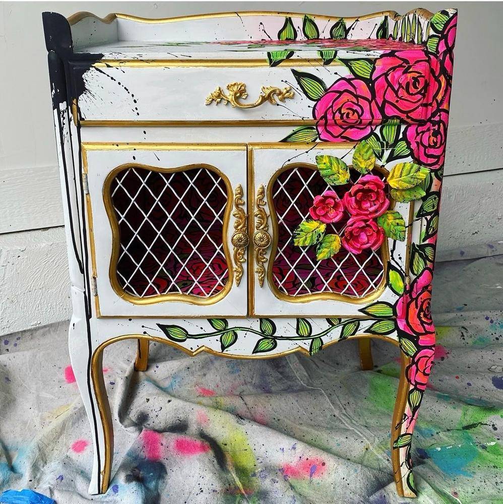Vibrant Floral Painted French Provincial Side Table