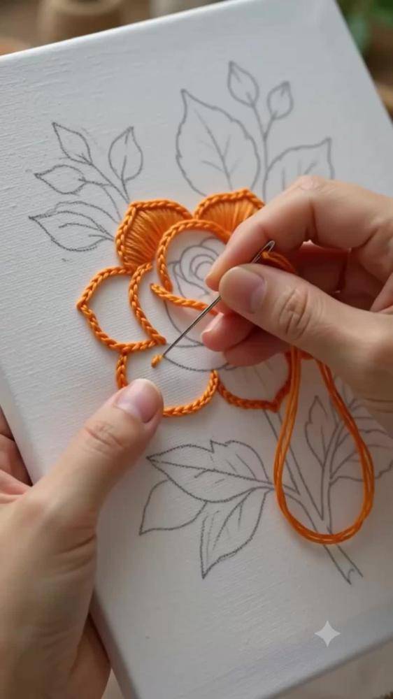 Vibrant Orange Floral Embroidered Canvas Art