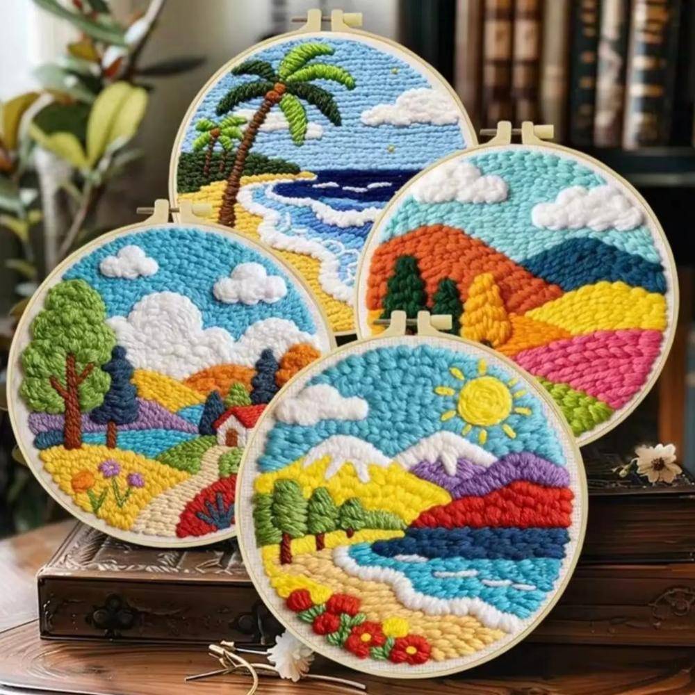 Vibrant Punch Needle Landscape Hoop Art Collection
