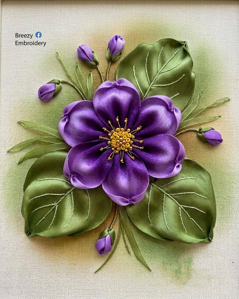 Vibrant Purple Silk Ribbon Flower Embroidery