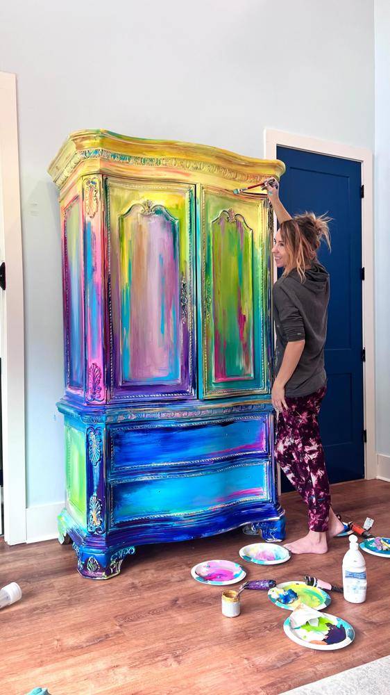 Vibrant Rainbow Abstract Furniture Makeover