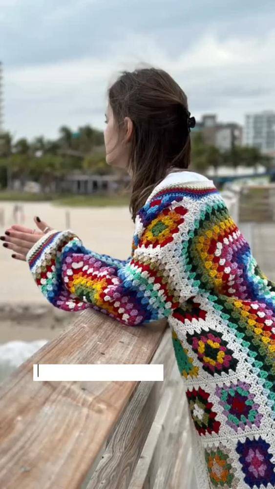 Vibrant Rainbow Granny Square Crochet Cardigan