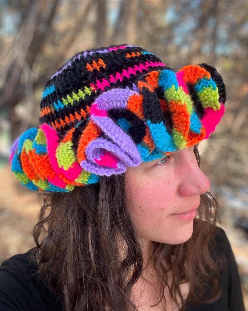 Vibrant Striped Crochet Bucket Hat with Flower Accent